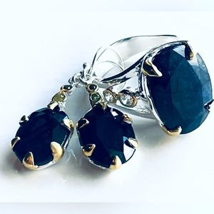 Natural Heated Sapphire Earrings and Ring Set 925 Silver
